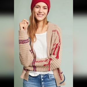 Anthropologie Beige Cardigan with Red and Blue Accents